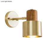Colonial Metal Cylinder Wall Sconce With Wooden Top - Beige/Brown 1-Light Fixture For Bedroom