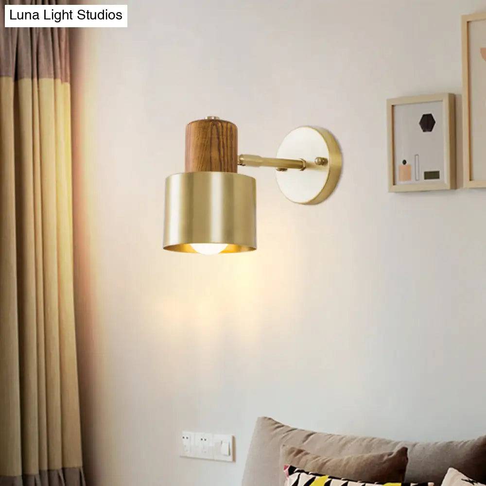 Colonial Metal Cylinder Wall Sconce With Wooden Top - Beige/Brown 1-Light Fixture For Bedroom