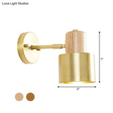 Colonial Metal Cylinder Wall Sconce With Wooden Top - Beige/Brown 1-Light Fixture For Bedroom