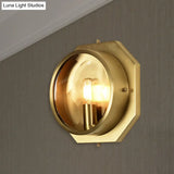 Colonial Octagon Wall Mounted Gold Sconce With Crystal Accent - 1 Head Metal Light Fixture For