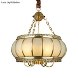 Colonial Opal Blown Glass Drum Pendant Chandelier - Brass 4 Heads Living Room Ceiling Light