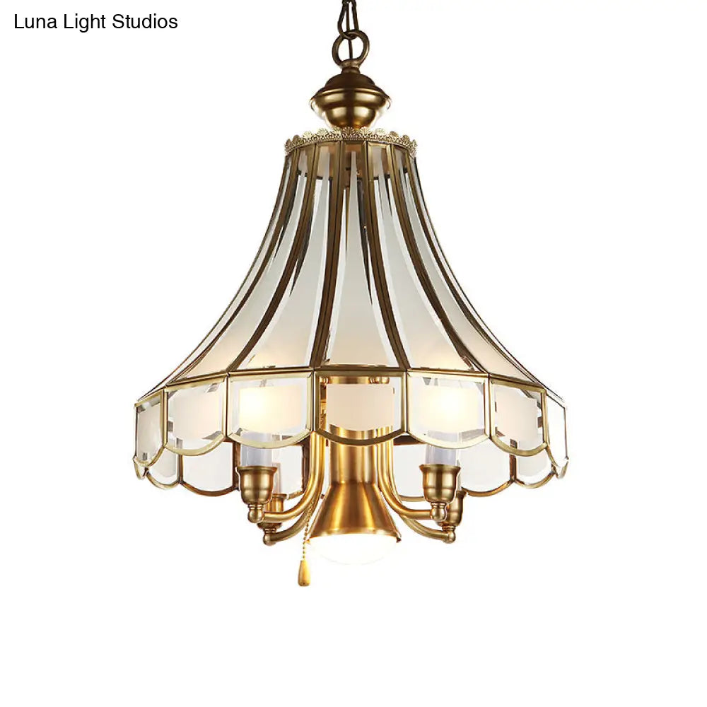 Colonial Sandblasted Glass Brass Scallop Chandelier Pendant Light - 5 Lights Suspension Lamp For