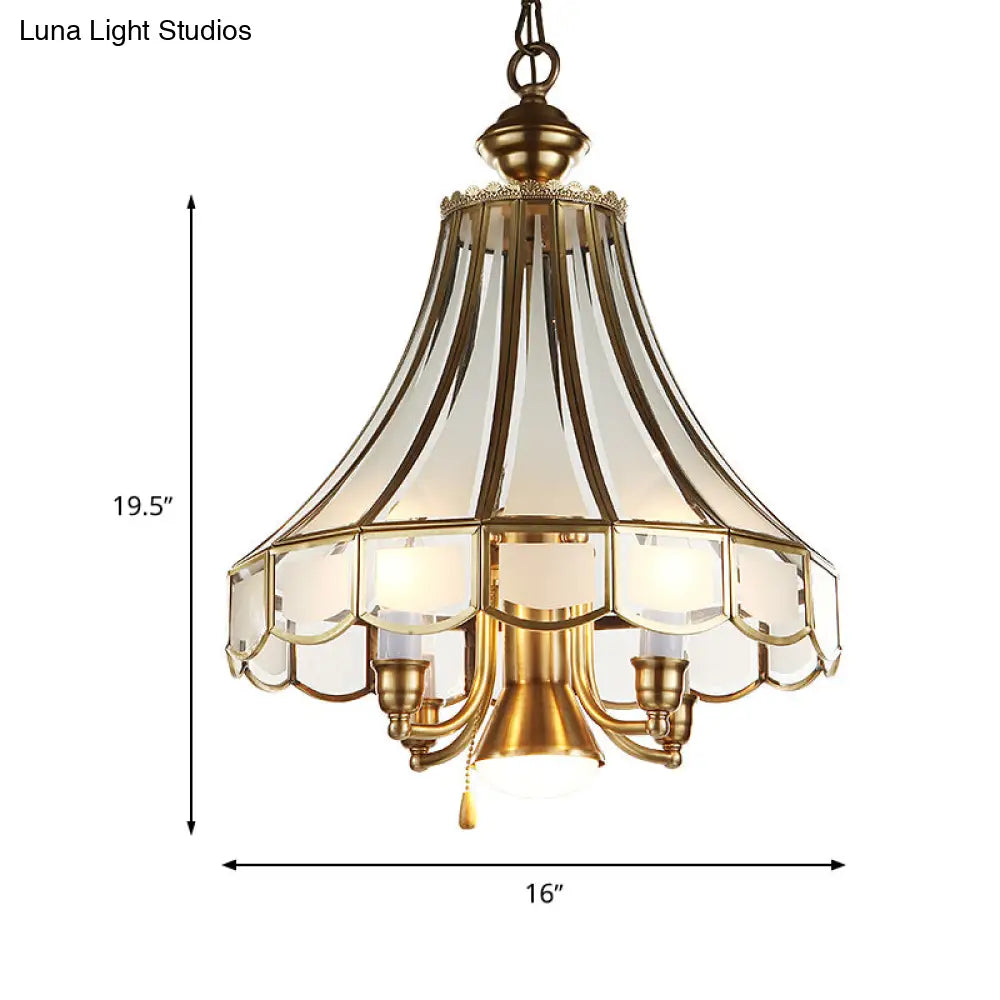 Colonial Sandblasted Glass Brass Scallop Chandelier Pendant Light - 5 Lights Suspension Lamp For