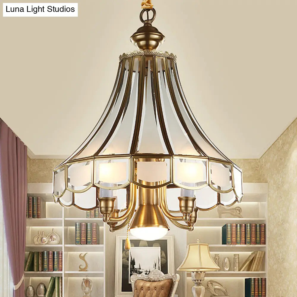 Colonial Sandblasted Glass Brass Scallop Chandelier Pendant Light - 5 Lights Suspension Lamp For