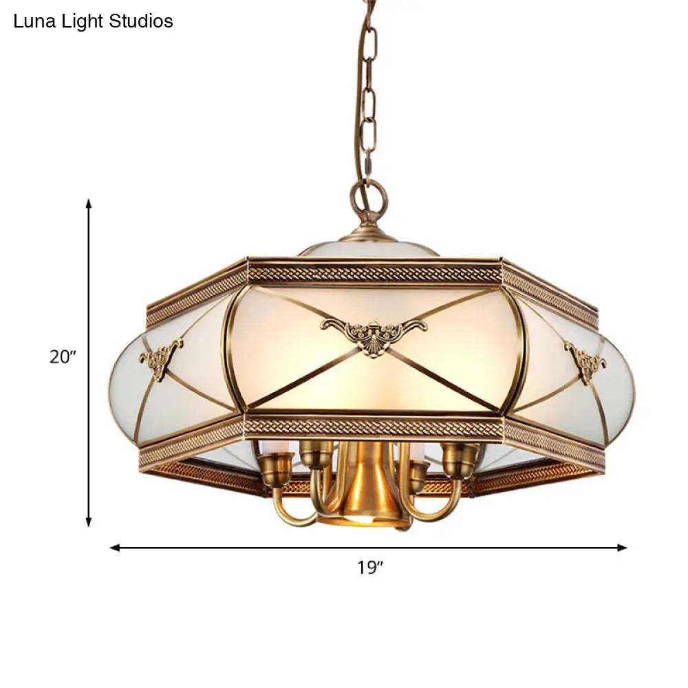 Colonial Satin Opal Glass 5-Light Brass Hexagon Pendant Chandelier For Dining Room