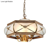 Colonial Satin Opal Glass 5-Light Brass Hexagon Pendant Chandelier For Dining Room