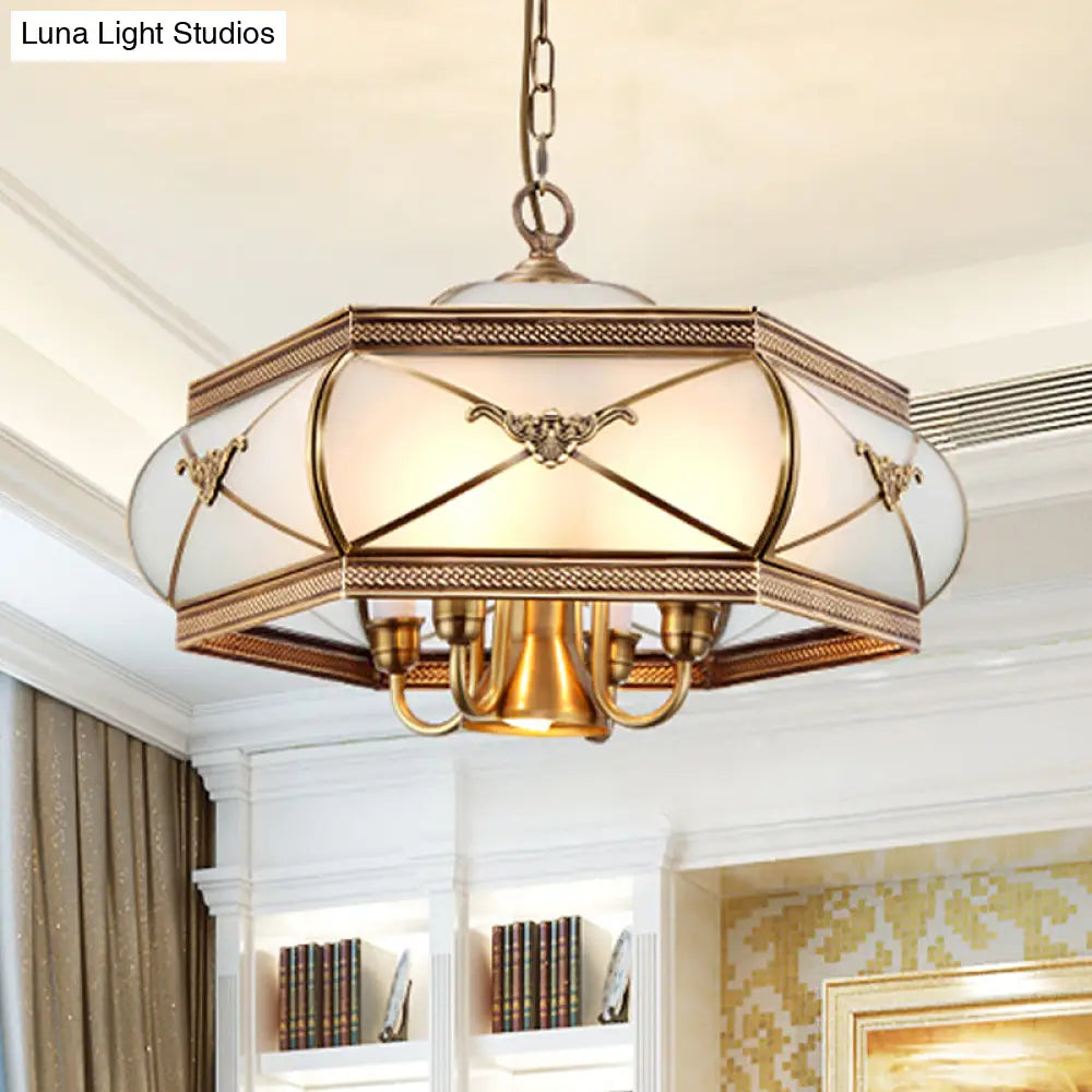 Colonial Satin Opal Glass 5-Light Brass Hexagon Pendant Chandelier For Dining Room