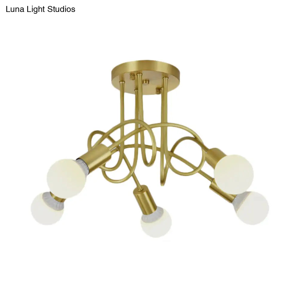 Colonial Sputnik Semi Flush Mount Ceiling Light In Gold With Opal Glass Shade - 3/4/5-Light Metal