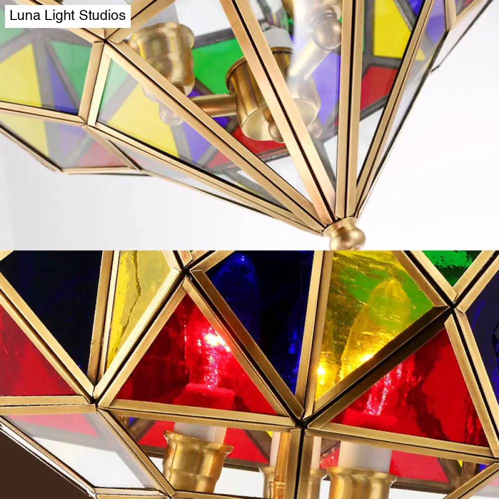 Colonial Stained Glass Brass Chandelier - 3 Head Pendant Lamp Fixture