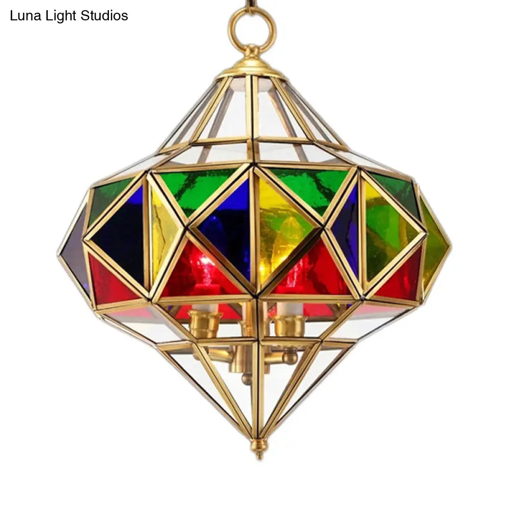Colonial Stained Glass Brass Chandelier - 3 Head Pendant Lamp Fixture
