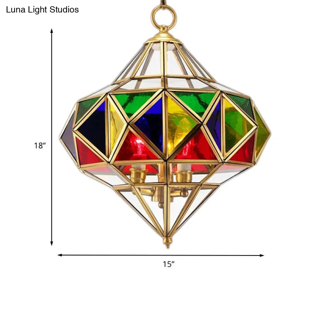 Colonial Stained Glass Brass Chandelier - 3 Head Pendant Lamp Fixture