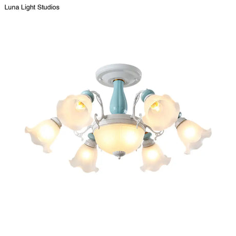 Colonial Style 8-Bulb Flower White Glass Semi Flush Ceiling Lamp With Ceramic Detail - Elegant