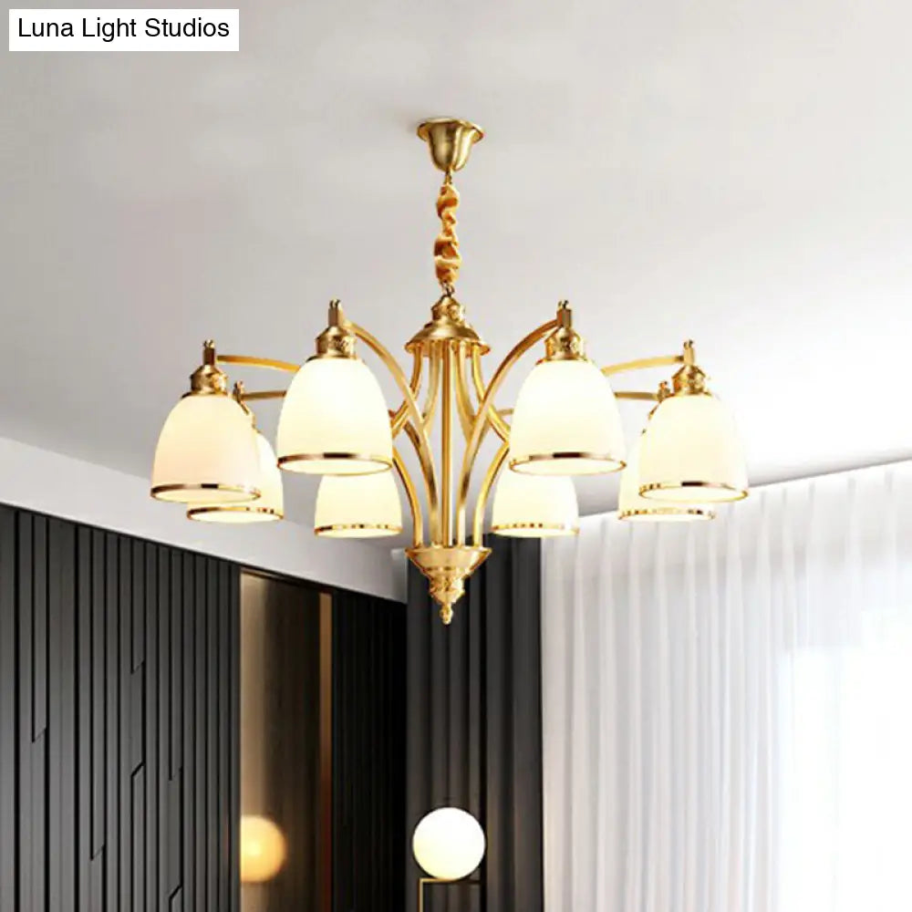 Colonial Style Brass Bell Chandelier Lamp With Cream Glass - Living Room Hanging Light Kit