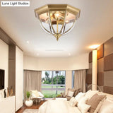 Colonial Style Brass Domed Flush Ceiling Light - 3 Lights Clear Glass Mount For Bedrooms