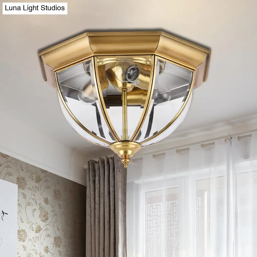 Colonial Style Brass Domed Flush Ceiling Light - 3 Lights Clear Glass Mount For Bedrooms