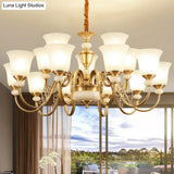 Colonial Style Frosted Glass Brass Chandelier - Bell Shaped Restaurant Suspension Lighting