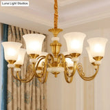 Colonial Style Frosted Glass Brass Chandelier - Bell Shaped Restaurant Suspension Lighting