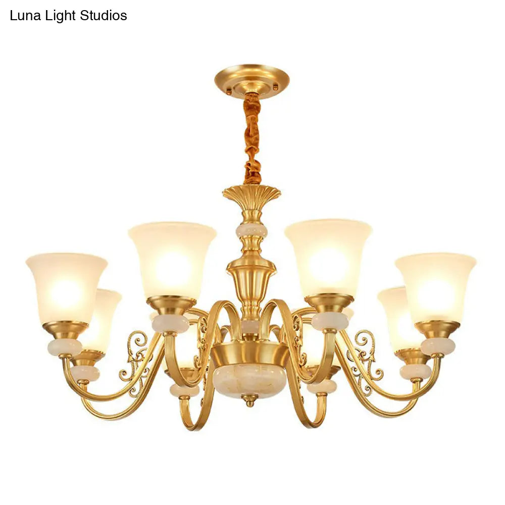 Colonial Style Frosted Glass Brass Chandelier - Bell Shaped Restaurant Suspension Lighting