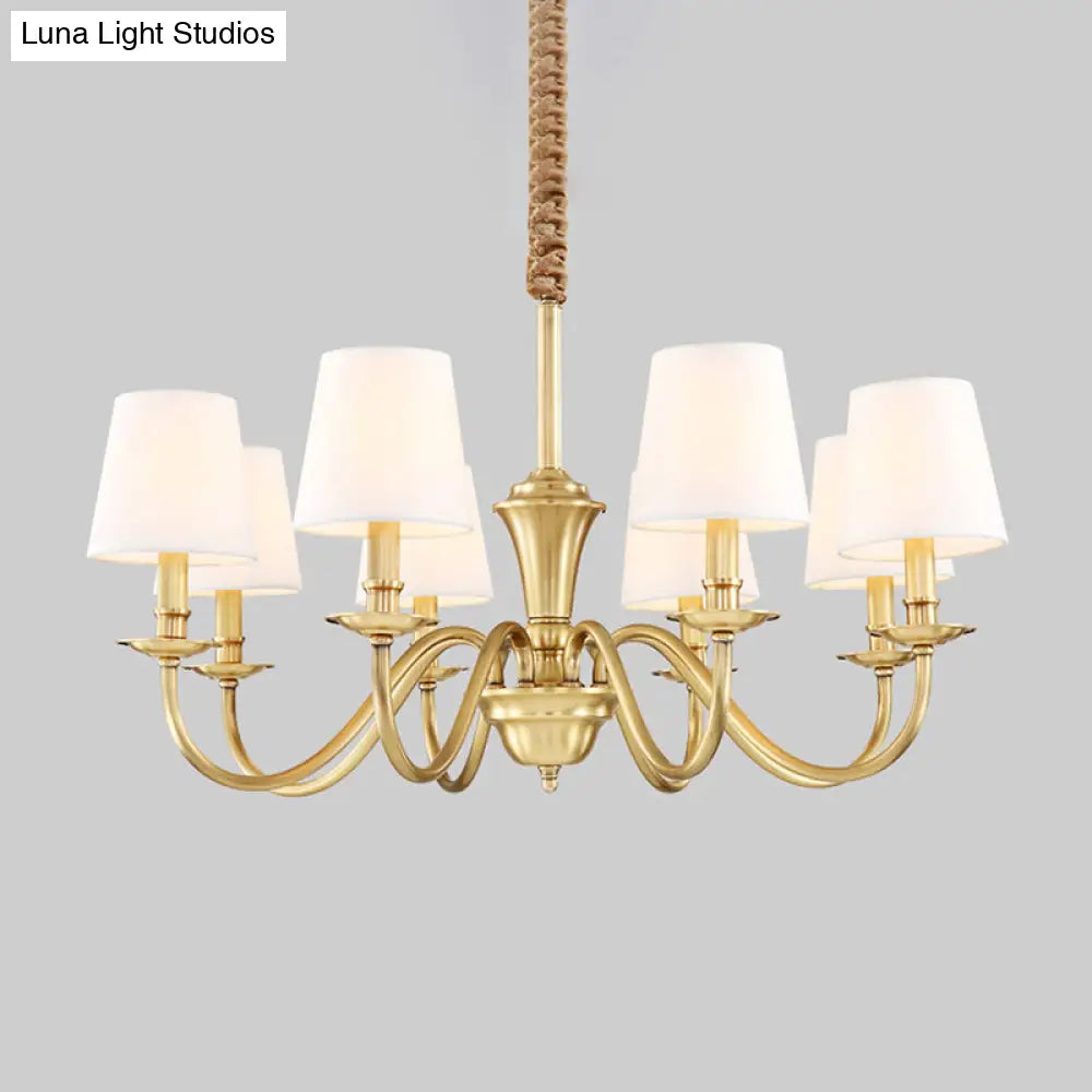 Colonial Style Hanging Chandelier - Gold 6/8-Light Fabric Conical Suspension Pendant