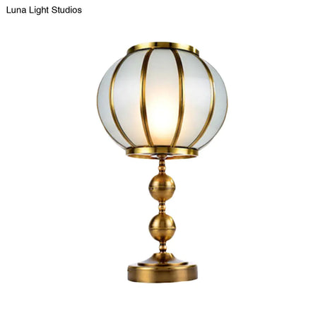 Colonial Style Opal Glass Lantern Nightstand Lamp - Gold Finish Metal Ball Deco 1-Light Bedroom