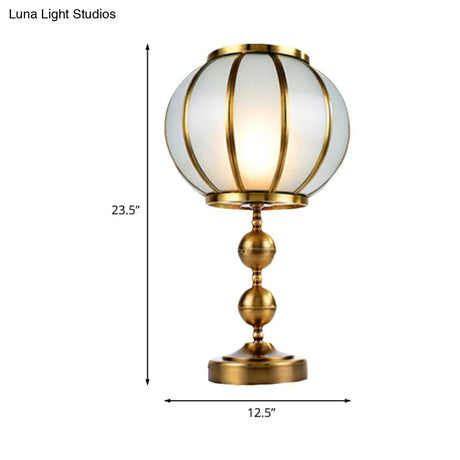 Colonial Style Opal Glass Lantern Nightstand Lamp - Gold Finish Metal Ball Deco 1-Light Bedroom