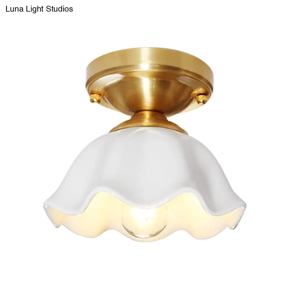 Colonial Style White Glass Ceiling Lamp With Scalloped Fixture For Living Room