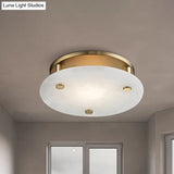 Colonial White Glass Ceiling Light Fixture With Gold Circle Accent - 3-Light Semi Flush Mount For