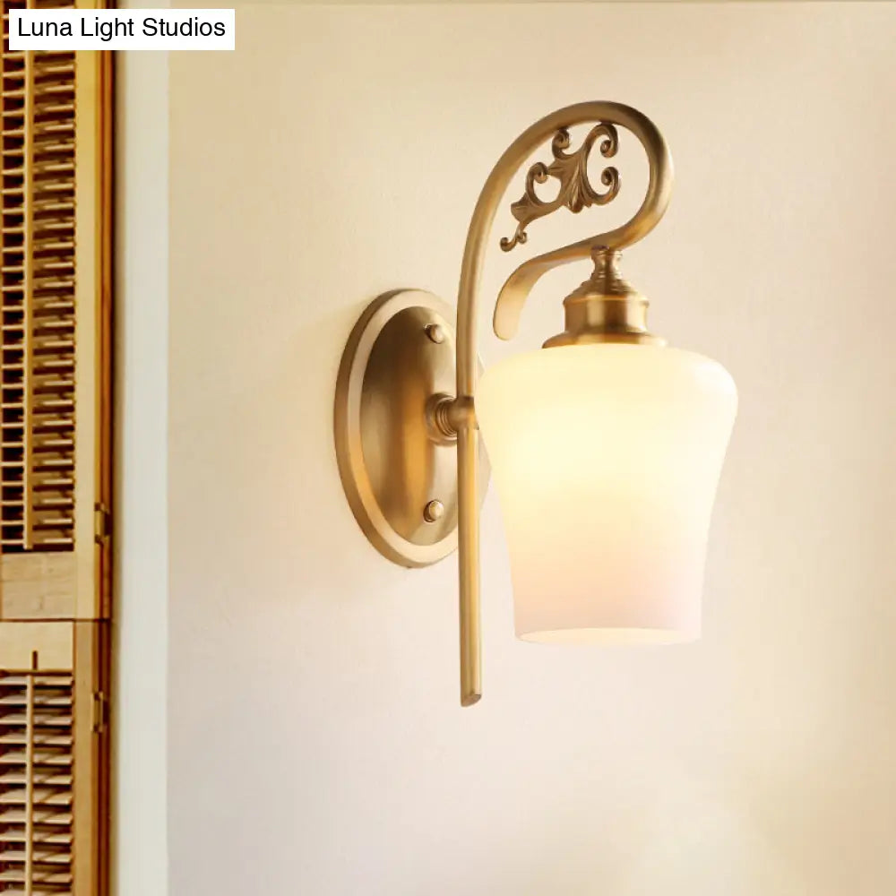 Colonial White Glass Conical Wall Mounted Light With Brass Finish For Living Room Décor