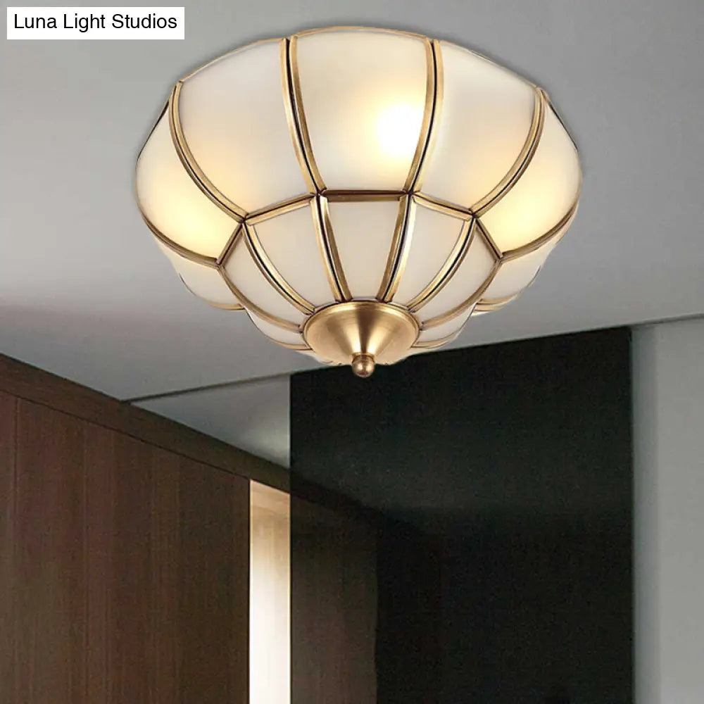 Colonialism Scallop Ceiling Light - 11’/18’ W 3 Bulbs Satin Opal Glass Brass Finish