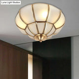 Colonialism Scallop Ceiling Light - 11’/18’ W 3 Bulbs Satin Opal Glass Brass Finish