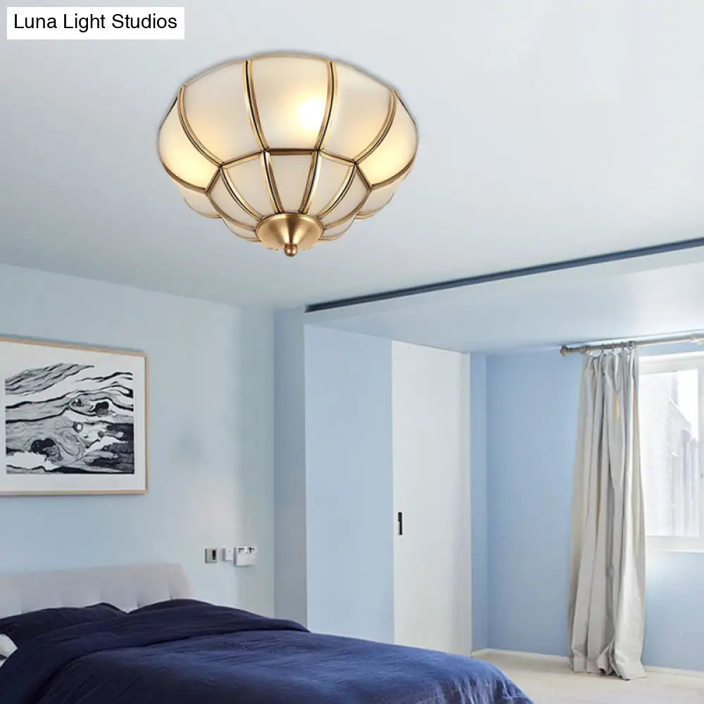 Colonialism Scallop Ceiling Light - 11’/18’ W 3 Bulbs Satin Opal Glass Brass Finish