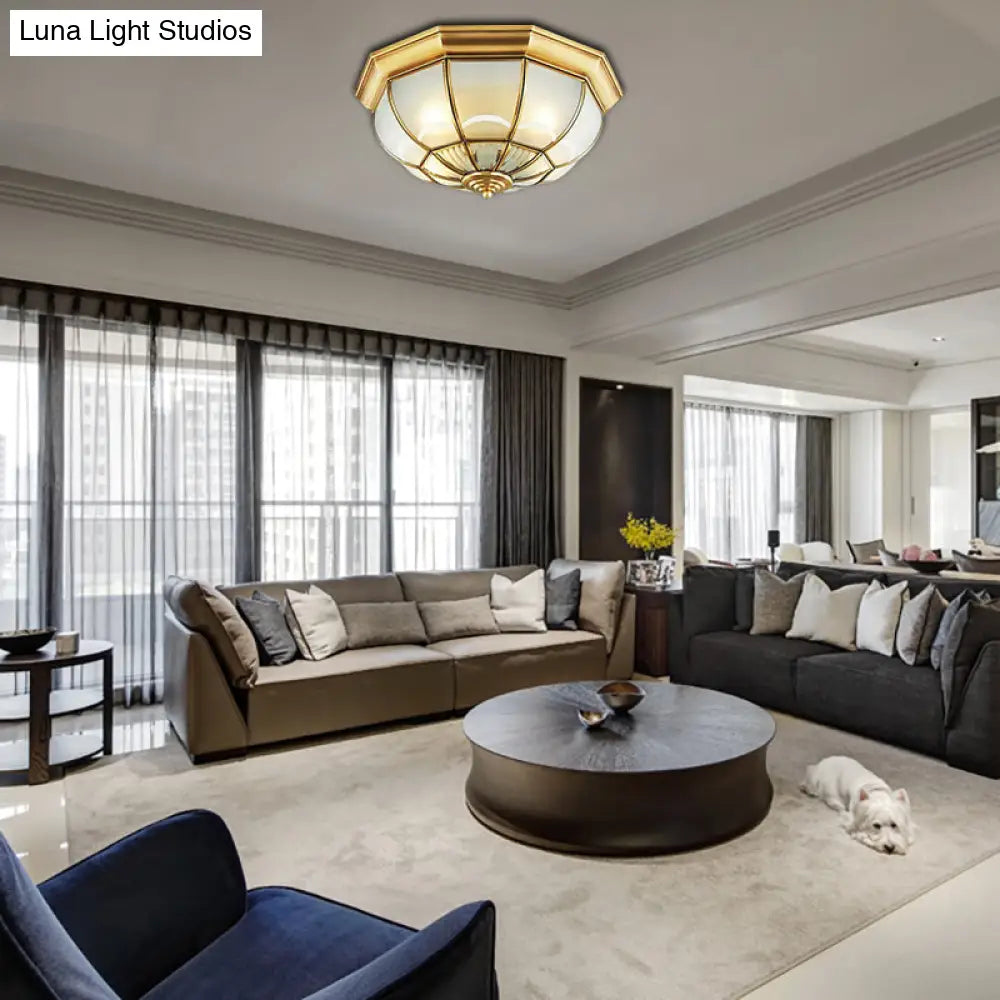 Colonialist Flush Mount Lamp For Bedroom - Frosted Glass Brass Ceiling Dome (3/4/6 Heads)