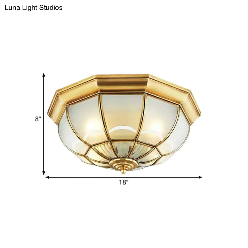 Colonialist Flush Mount Lamp For Bedroom - Frosted Glass Brass Ceiling Dome (3/4/6 Heads)