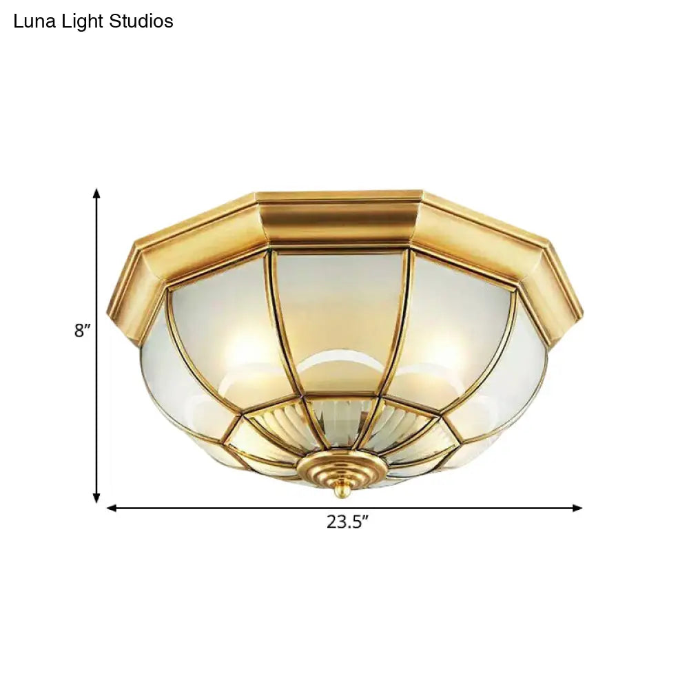 Colonialist Flush Mount Lamp For Bedroom - Frosted Glass Brass Ceiling Dome (3/4/6 Heads)