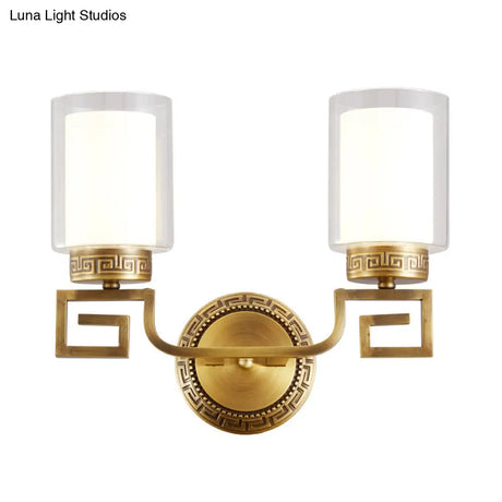Colonialist Gold Sconce Lamp With Clear & Opal Glass - Wall Mounted Light Fixture For 2 Lights