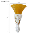 Colonization Metal Carved Sconce Lamp - White/Gold Wall Lighting Fixture With Amber Glass Shade