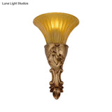 Colonization Metal Carved Sconce Lamp - White/Gold Wall Lighting Fixture With Amber Glass Shade