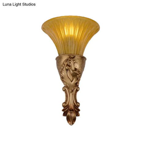 Colonization Metal Carved Sconce Lamp - White/Gold Wall Lighting Fixture With Amber Glass Shade