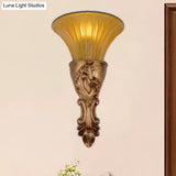 Colonization Metal Carved Sconce Lamp - White/Gold Wall Lighting Fixture With Amber Glass Shade