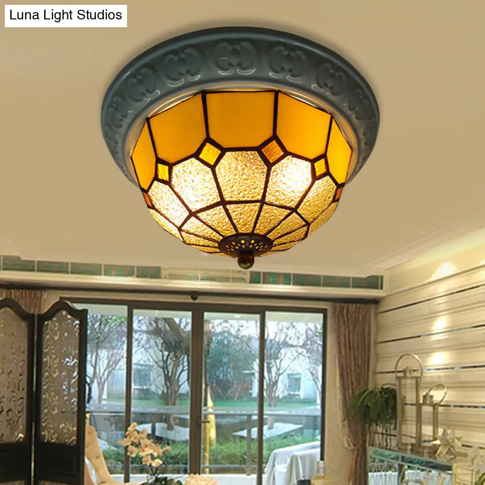Colorful Grid Pattern Flush Mount Ceiling Light For Hallway - 2 Lights With Tiffany Style Cut Glass