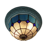 Colorful Grid Pattern Flush Mount Ceiling Light For Hallway - 2 Lights With Tiffany Style Cut Glass
