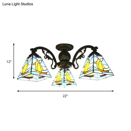 Colorful Lodge Geometric Chandelier Light: Stained Glass Inverted Yellow And Blue Pendant For