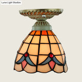 Colorful Stained Glass Flush Mount Ceiling Light With Tiffany-Inspired Sunflower Peacock Tail And