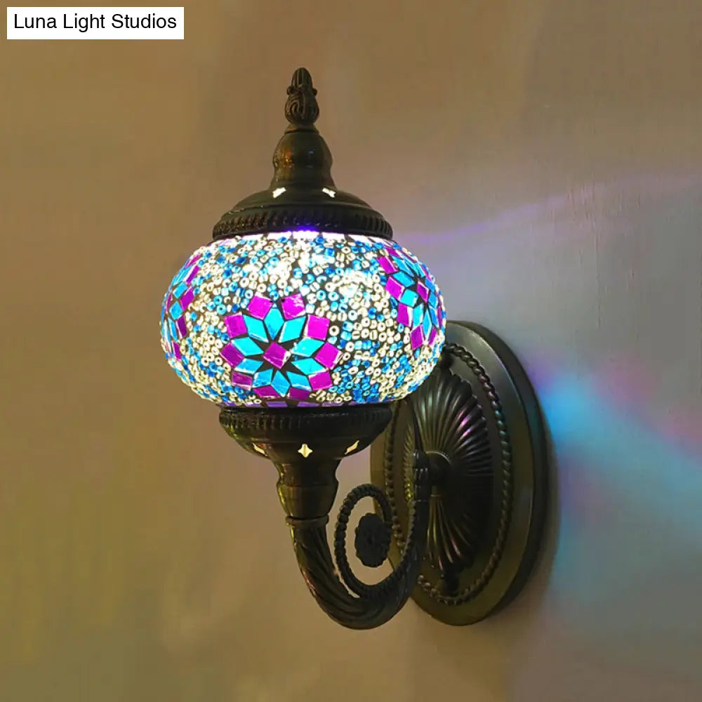 Colorful Stained Glass Orb Wall Sconce: Single Head Bedroom Light In Red/Orange/Blue
