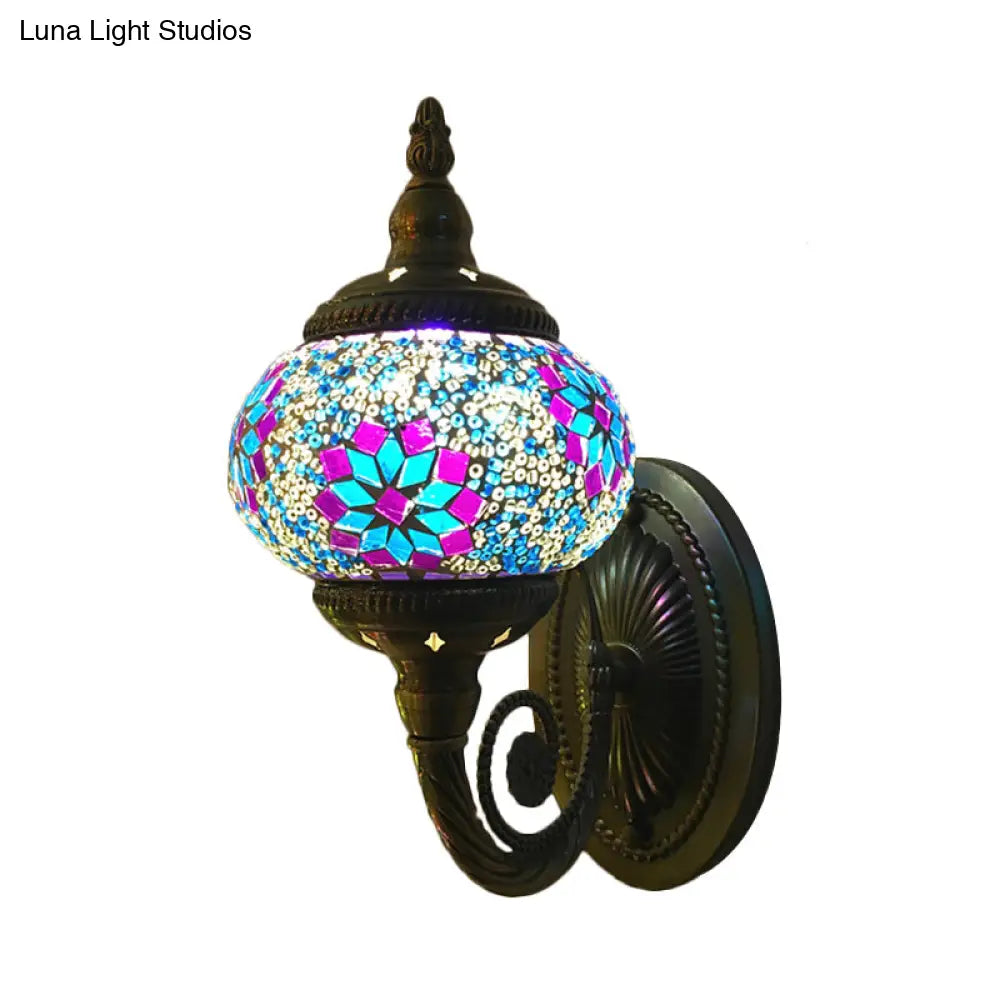 Colorful Stained Glass Orb Wall Sconce: Single Head Bedroom Light In Red/Orange/Blue