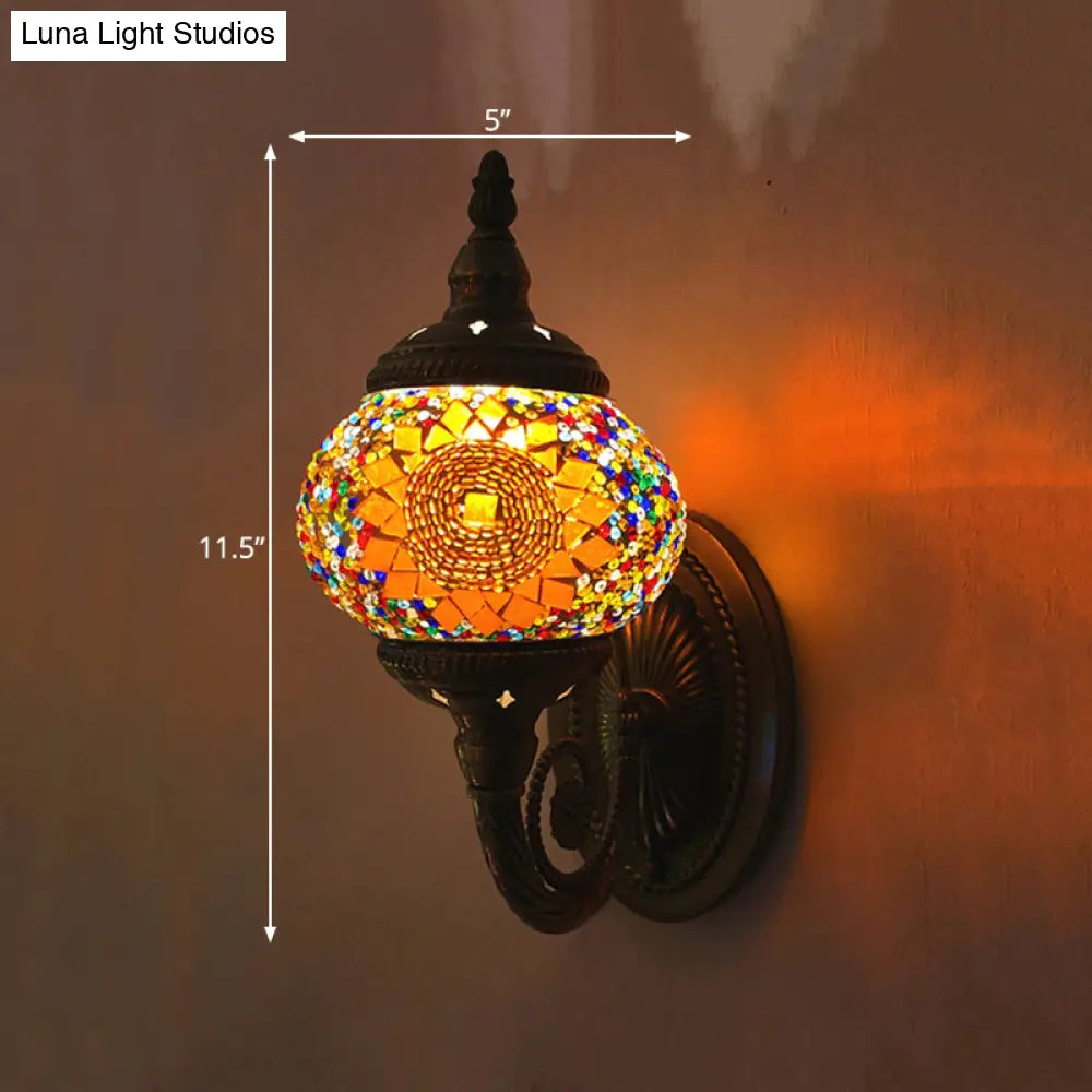 Colorful Stained Glass Orb Wall Sconce: Single Head Bedroom Light In Red/Orange/Blue