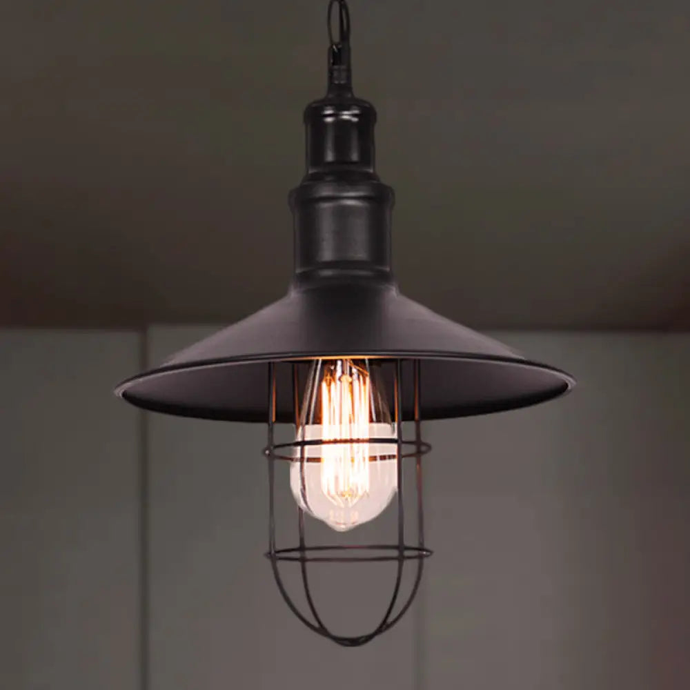 Conic Shade Suspension Light With Wire Guard - Nautical Black Metal Pendant Lighting For Indoor Use