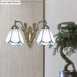 Conic Wall Mount Lamp With Double Mermaid Arm - White/Beige Glass Sconce Light Fixture