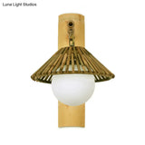 Conical Bamboo Wall Sconce - Asian Style Wood Lamp With Global White Glass Shade