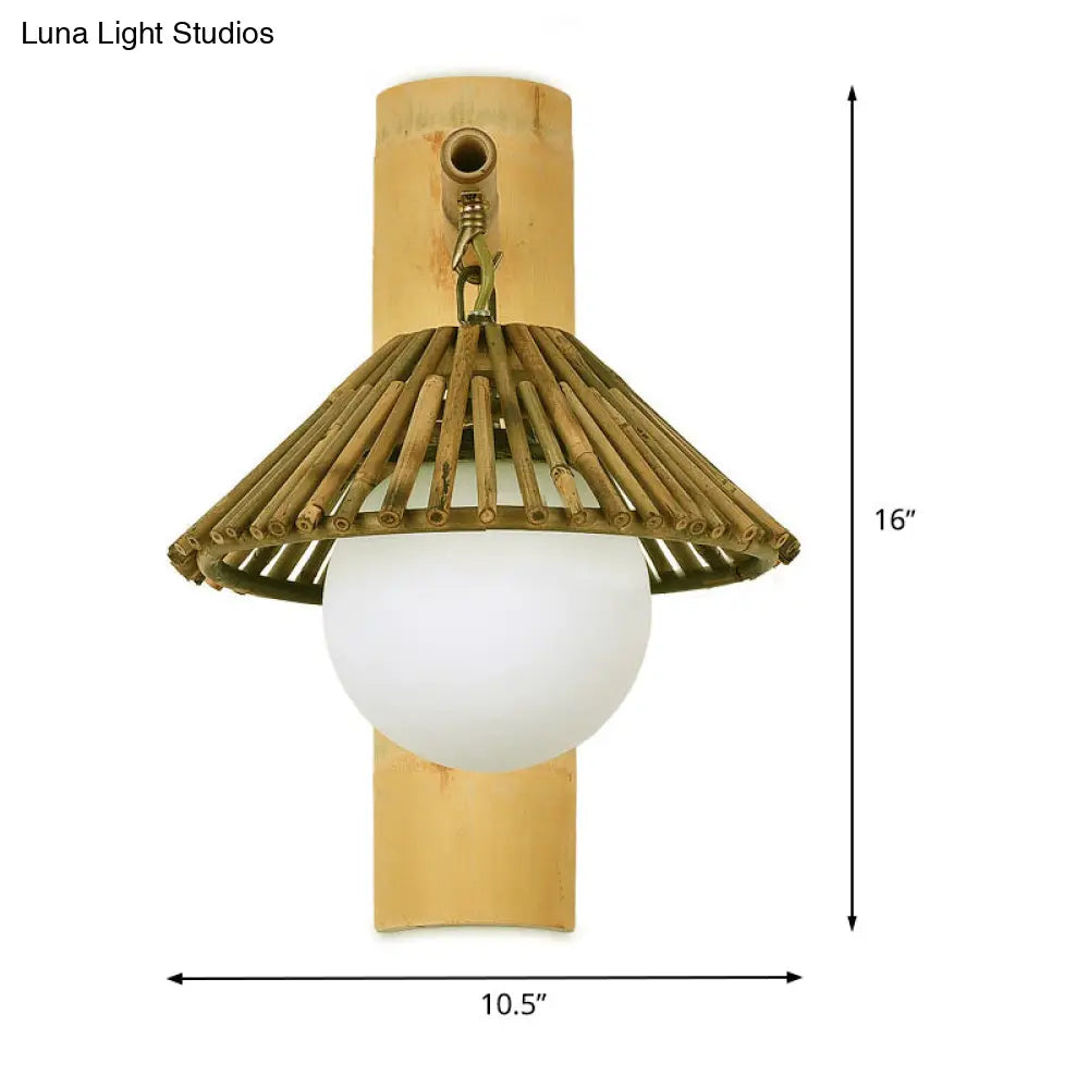 Conical Bamboo Wall Sconce - Asian Style Wood Lamp With Global White Glass Shade